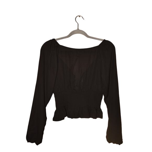 WAYF NEW $79 Black Long Sleeve Smocked Waist Peplum Peasant Blouse Small - Picture 2 of 3